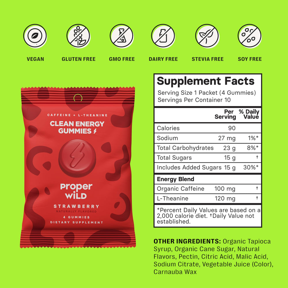 Proper Wild energy gummies label close-up highlighting organic caffeine and L-theanine.