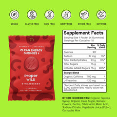 Proper Wild energy gummies label close-up highlighting organic caffeine and L-theanine.