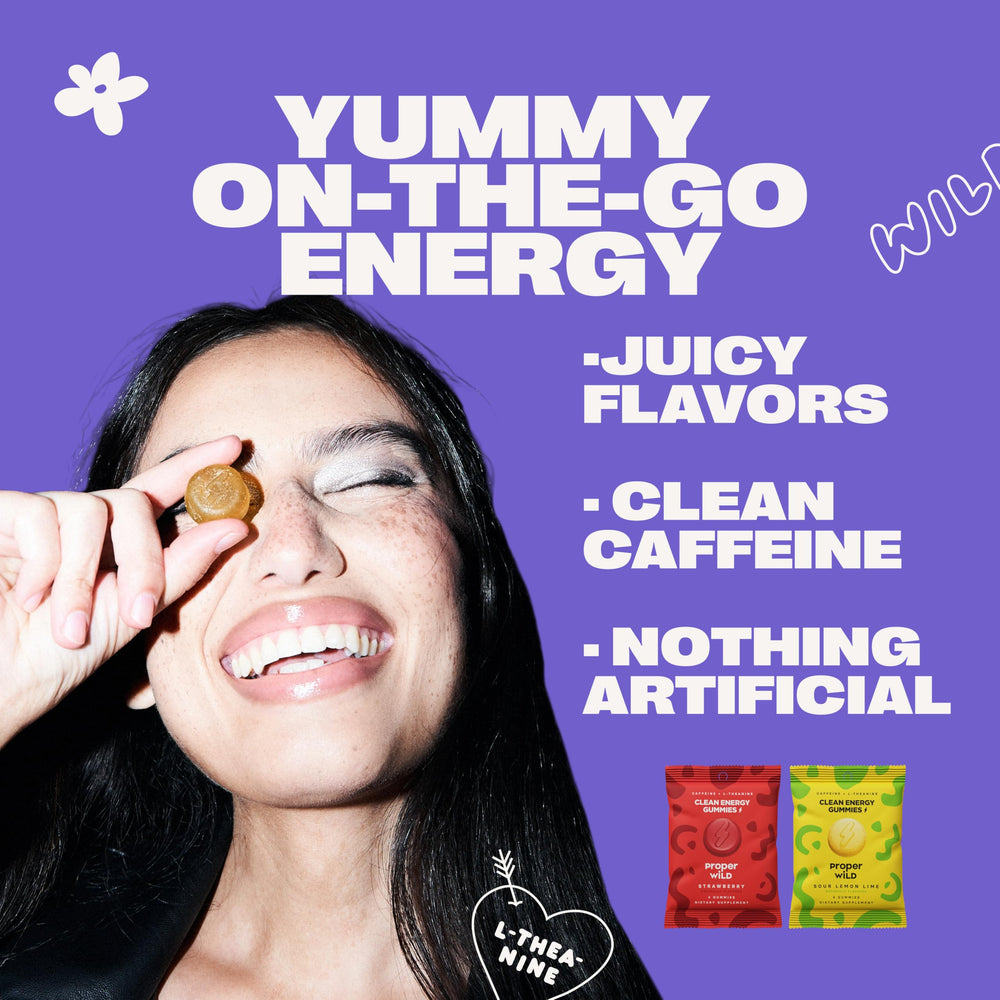 Proper Wild vegan energy gummies strawberry flavor for tasty energy boost on demand.