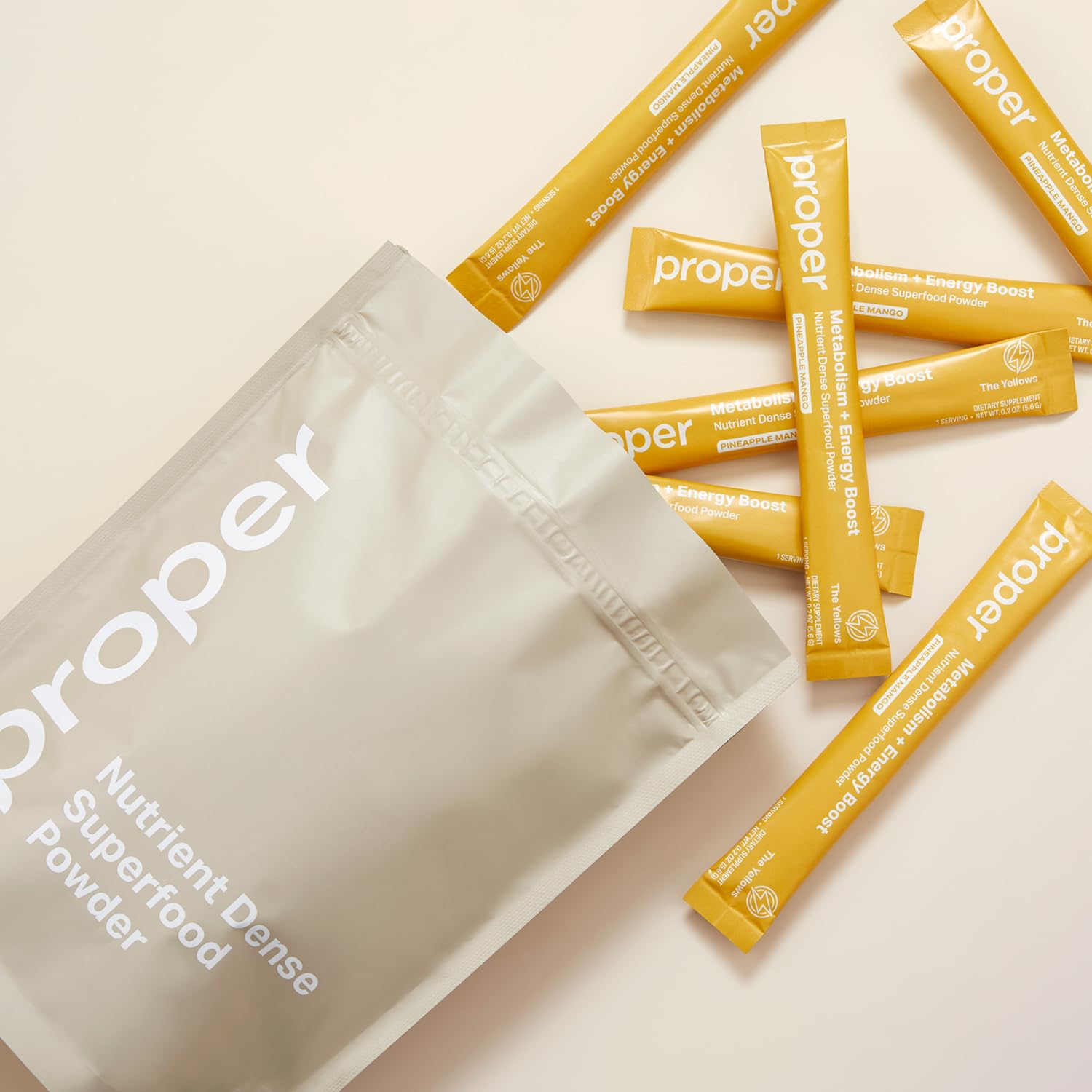 Proper Yellows energy 15-serving container sits ready for use.