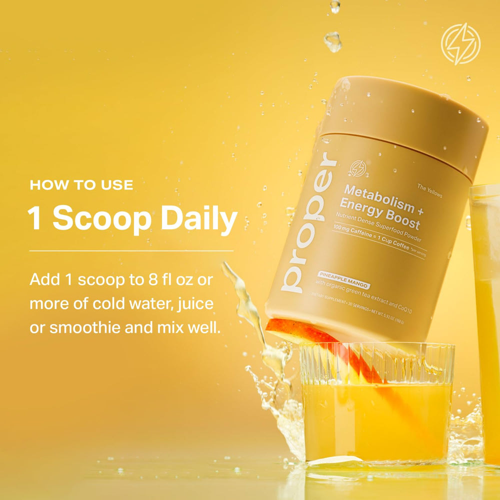 Proper Yellows energy CoQ10 and B-vitamins close-up supporting focus.