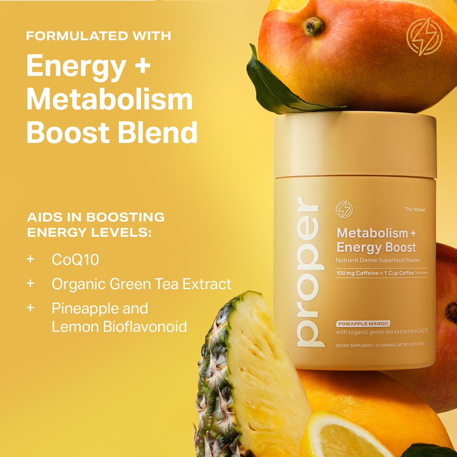 Proper Yellows energy ingredients label shows plant-based, non-GMO formulation.