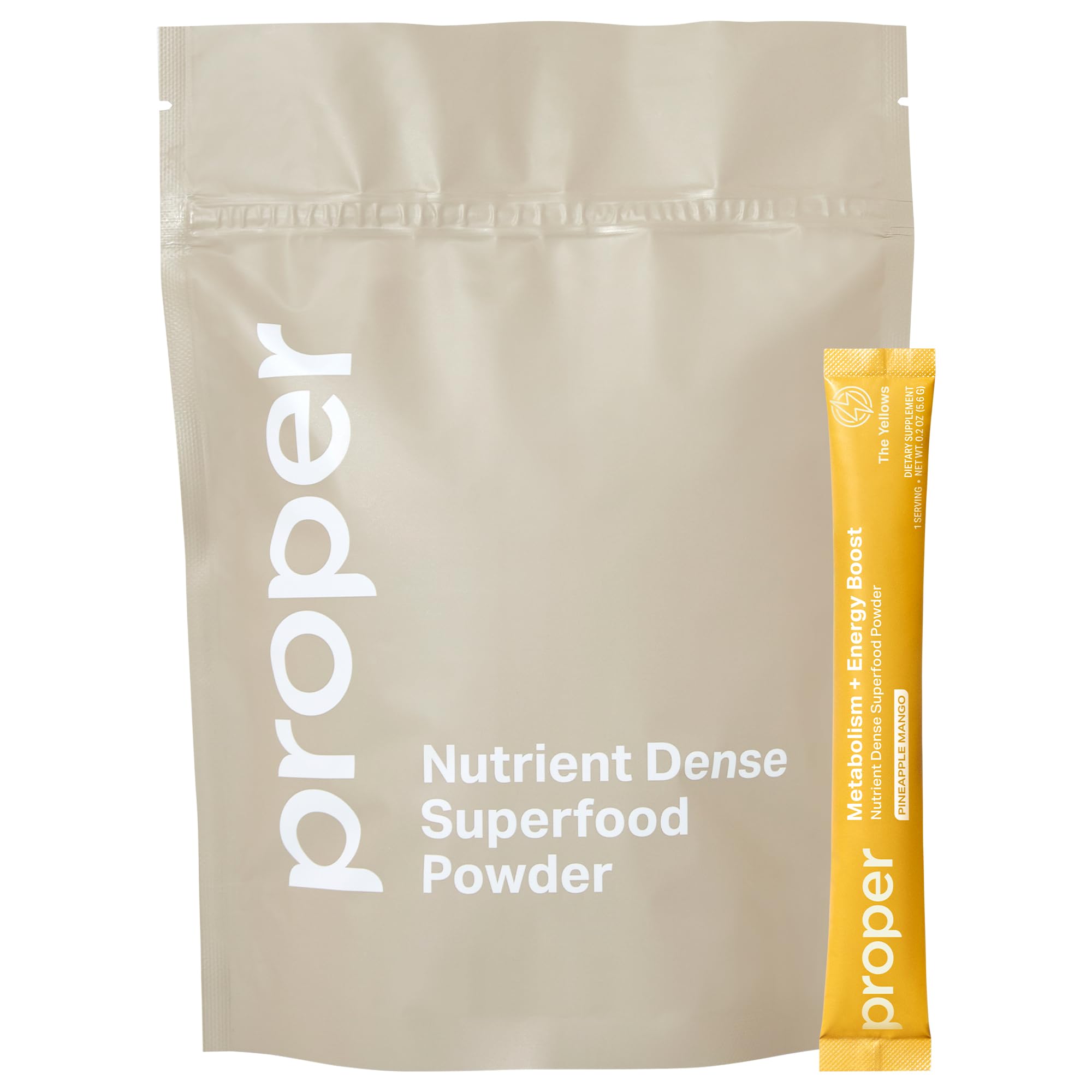 Proper Yellows energy powder tub in pineapple mango flavor for a natural energy lift.