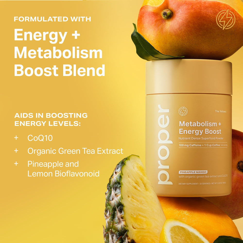 Proper Yellows nutrition panel underscores sugar-free formula and 100 mg caffeine per serving
