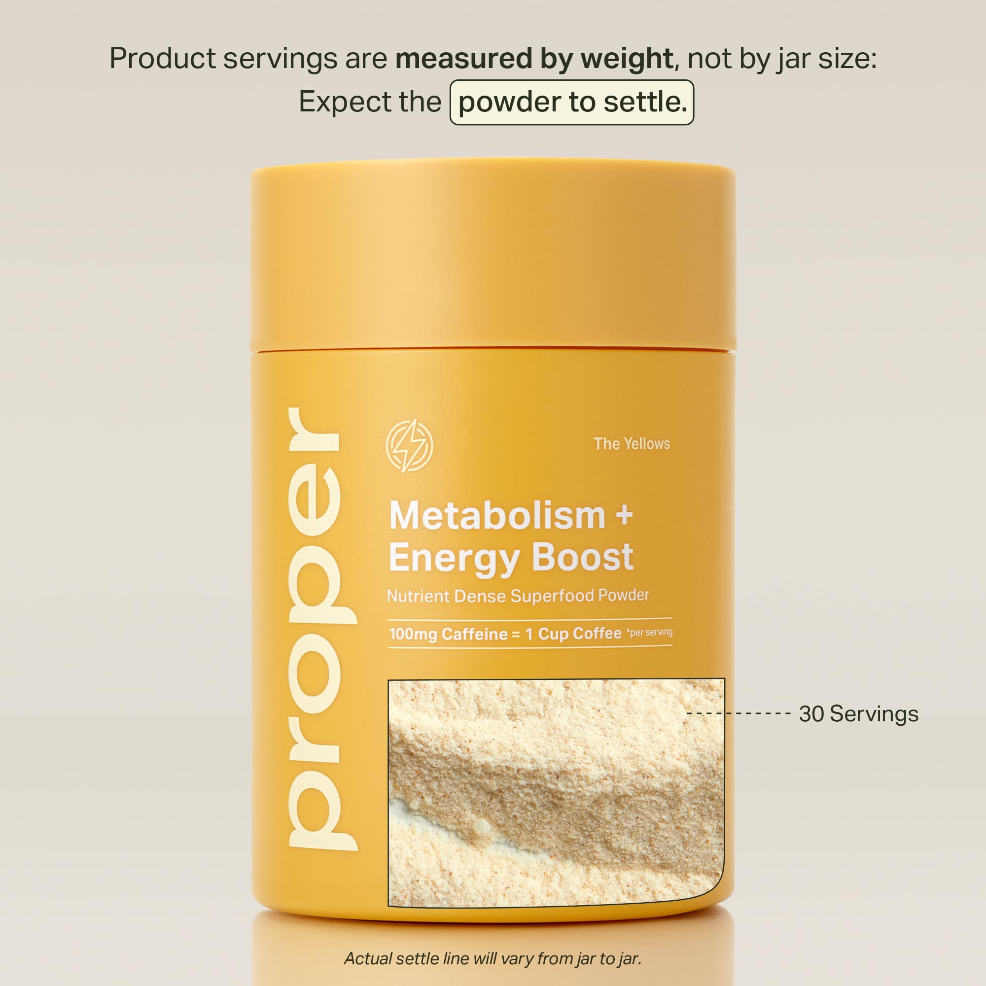 Proper Yellows energy powder scoop highlights pineapple mango flavor and quick mixing