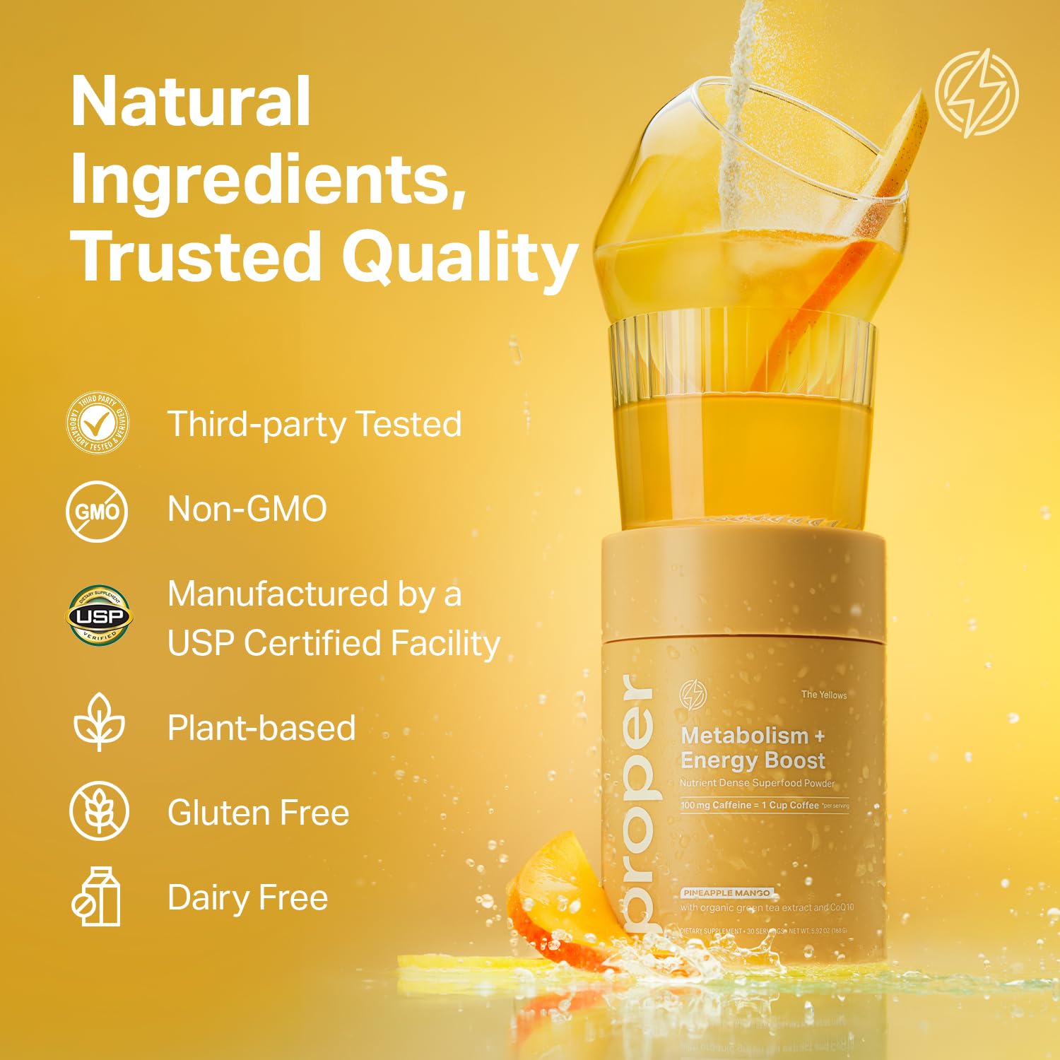 Proper Yellows serving size label communicates 30 servings for convenient daily use