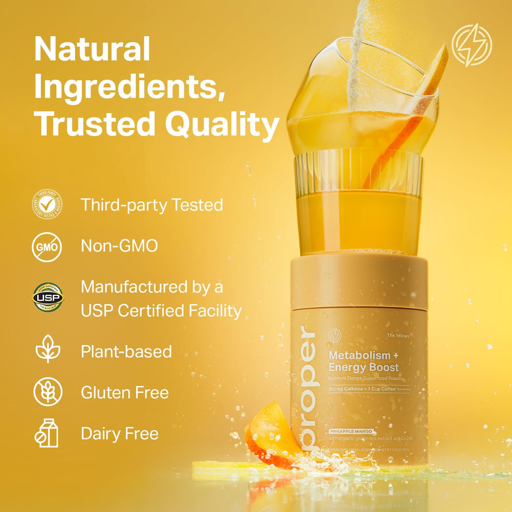 Proper Yellows serving size label communicates 30 servings for convenient daily use