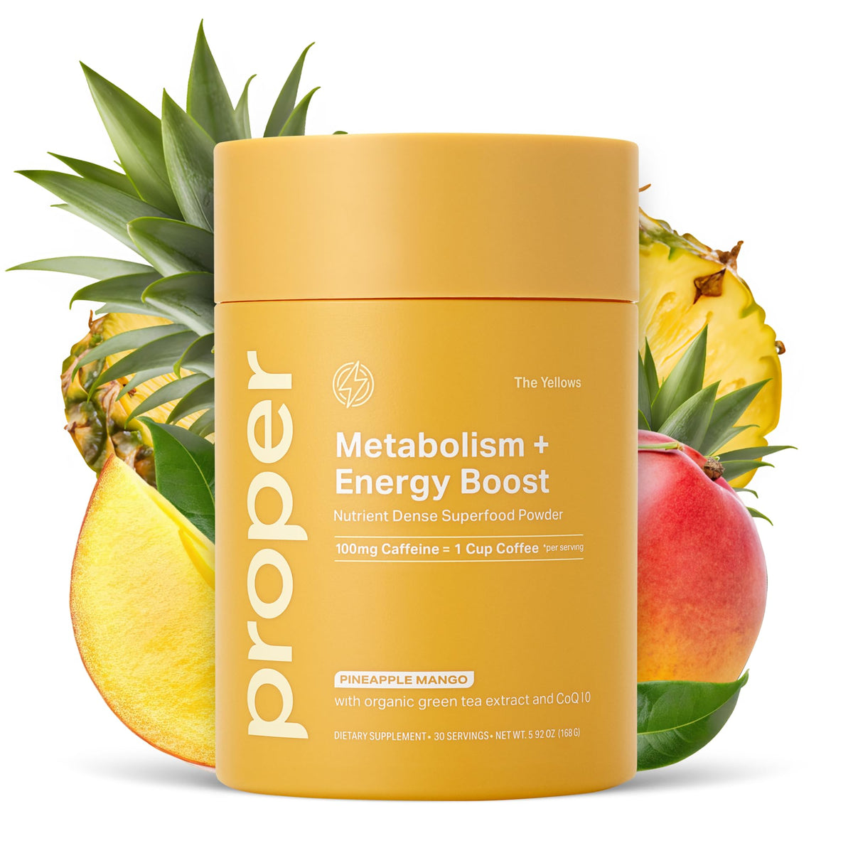 Proper Yellows metabolism energy powder tub front for daily energy support