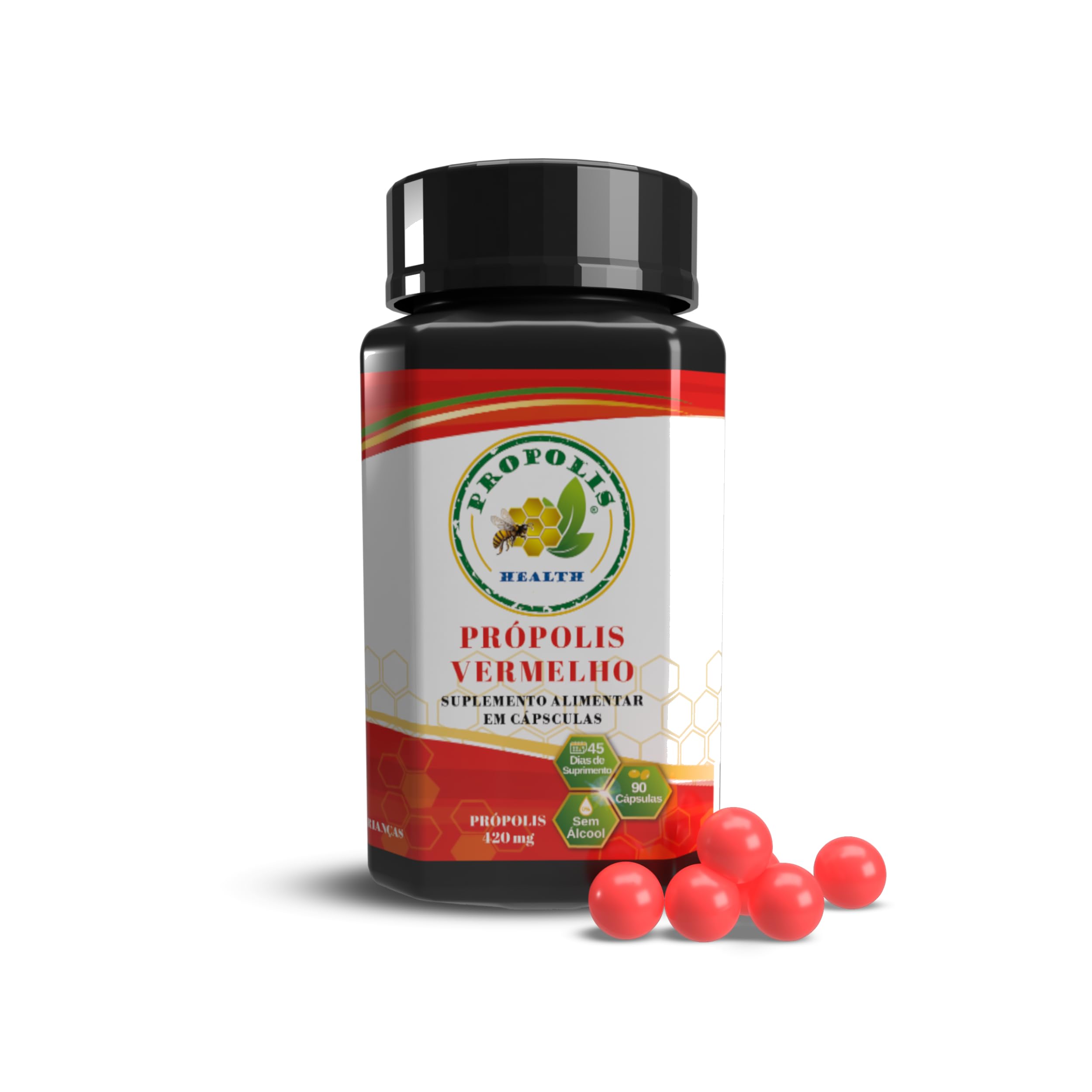 Propolis Health Red Propolis bottle on wood background signaling premium, alcohol-free formulation
