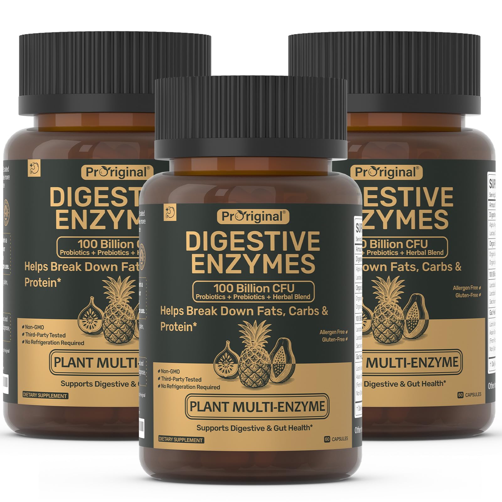 Proriginal digestive enzymes bottle label with probiotic content for gut support.