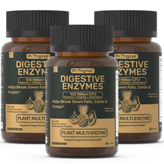 Proriginal digestive enzymes bottle label with probiotic content for gut support.