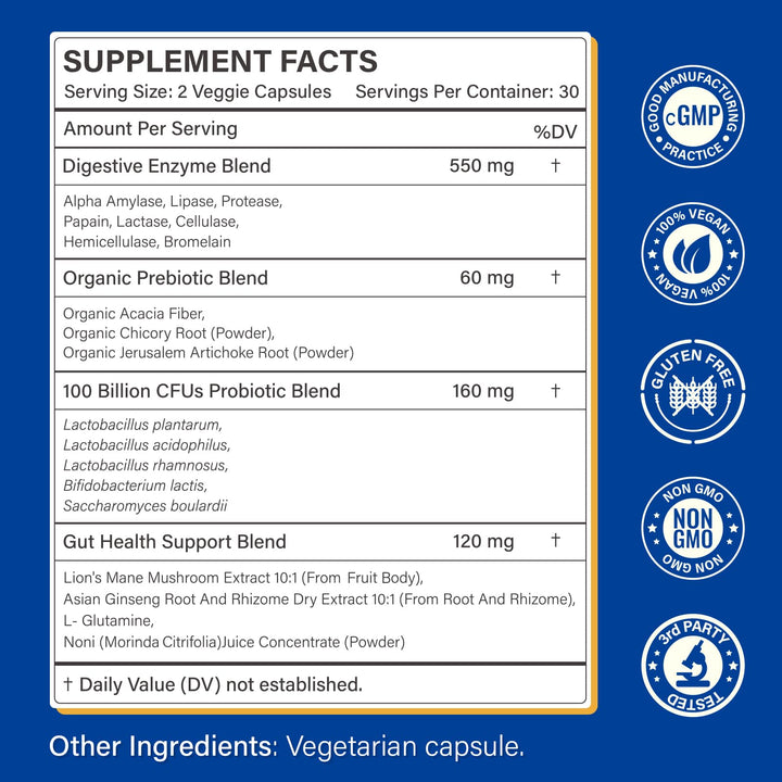 Proriginal Digestive Enzymes capsules closeup show easy-to-swallow vegan capsules for sensitive stomachs.