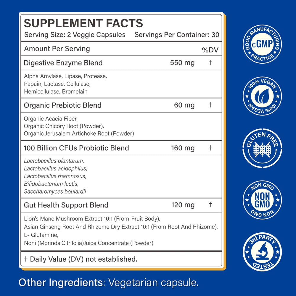 Proriginal Digestive Enzymes capsules closeup show easy-to-swallow vegan capsules for sensitive stomachs.