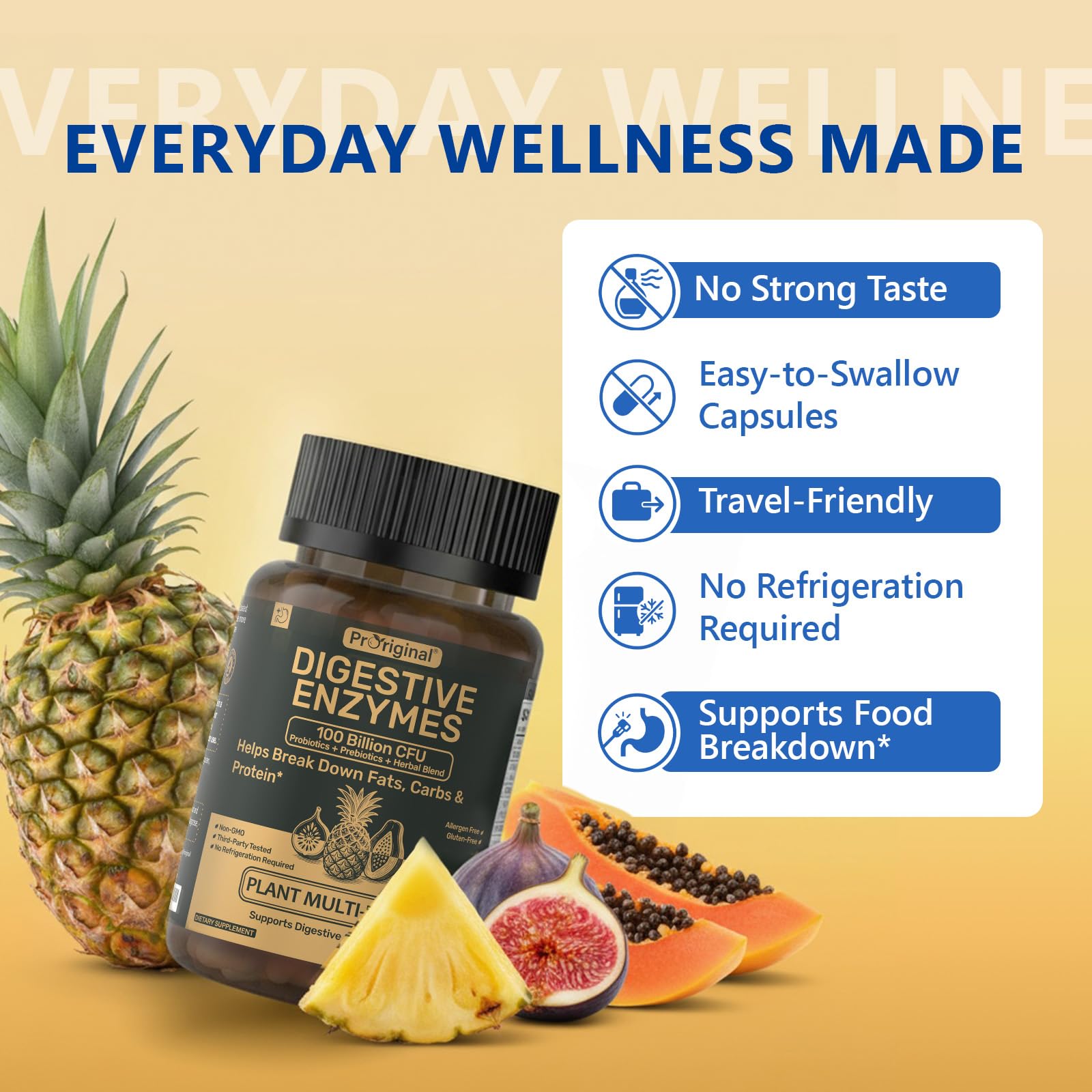 Proriginal enzymes with glass and water suggests easy hydration to support digestion.