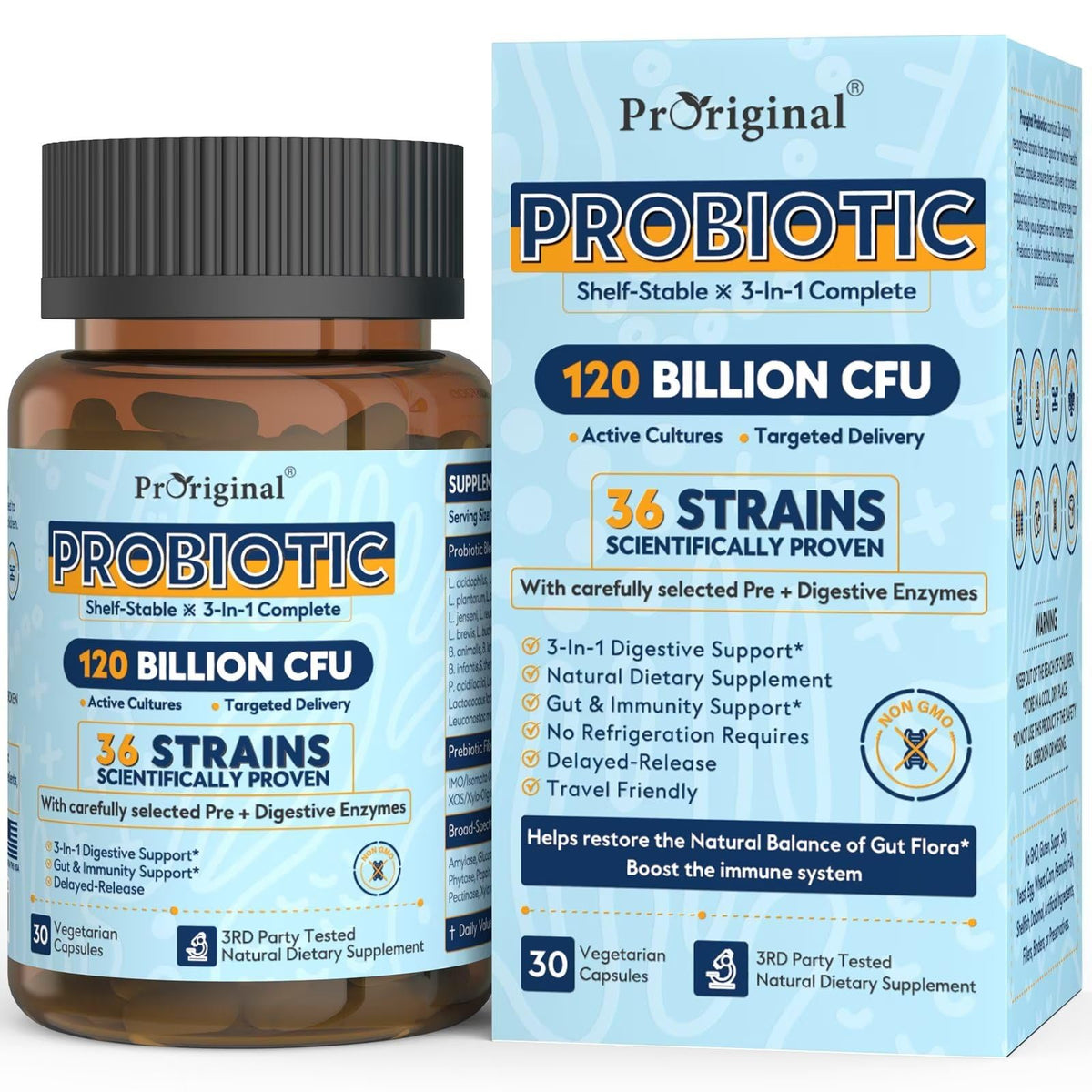 Proriginal Probiotics bottle displaying 120B CFU for digestive support