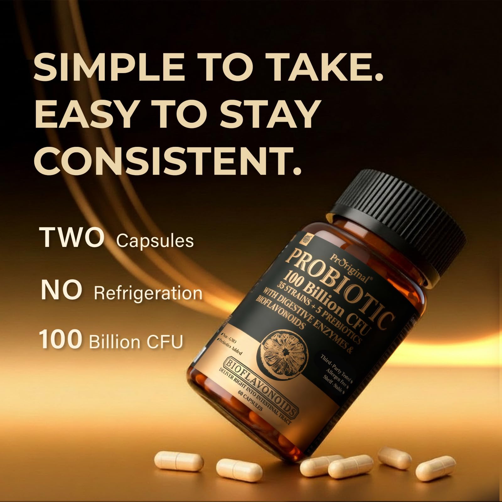 Proriginal probiotic bottle on a shelf ready to add to daily routine.