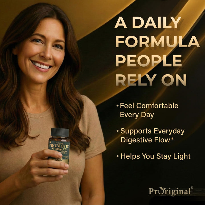 Proriginal Probiotics label close-up highlights 35 strains for balanced digestion.