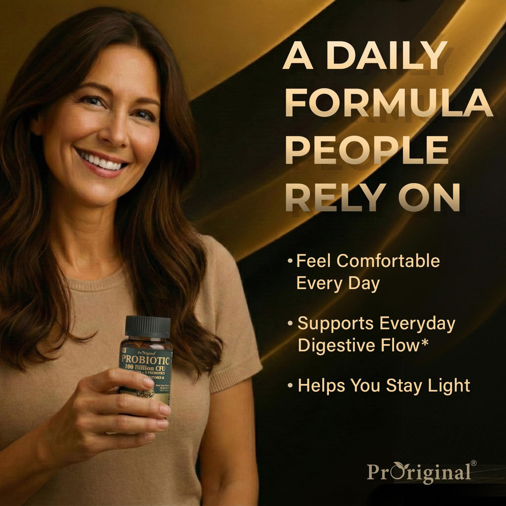 Proriginal Probiotics label close-up highlights 35 strains for balanced digestion.