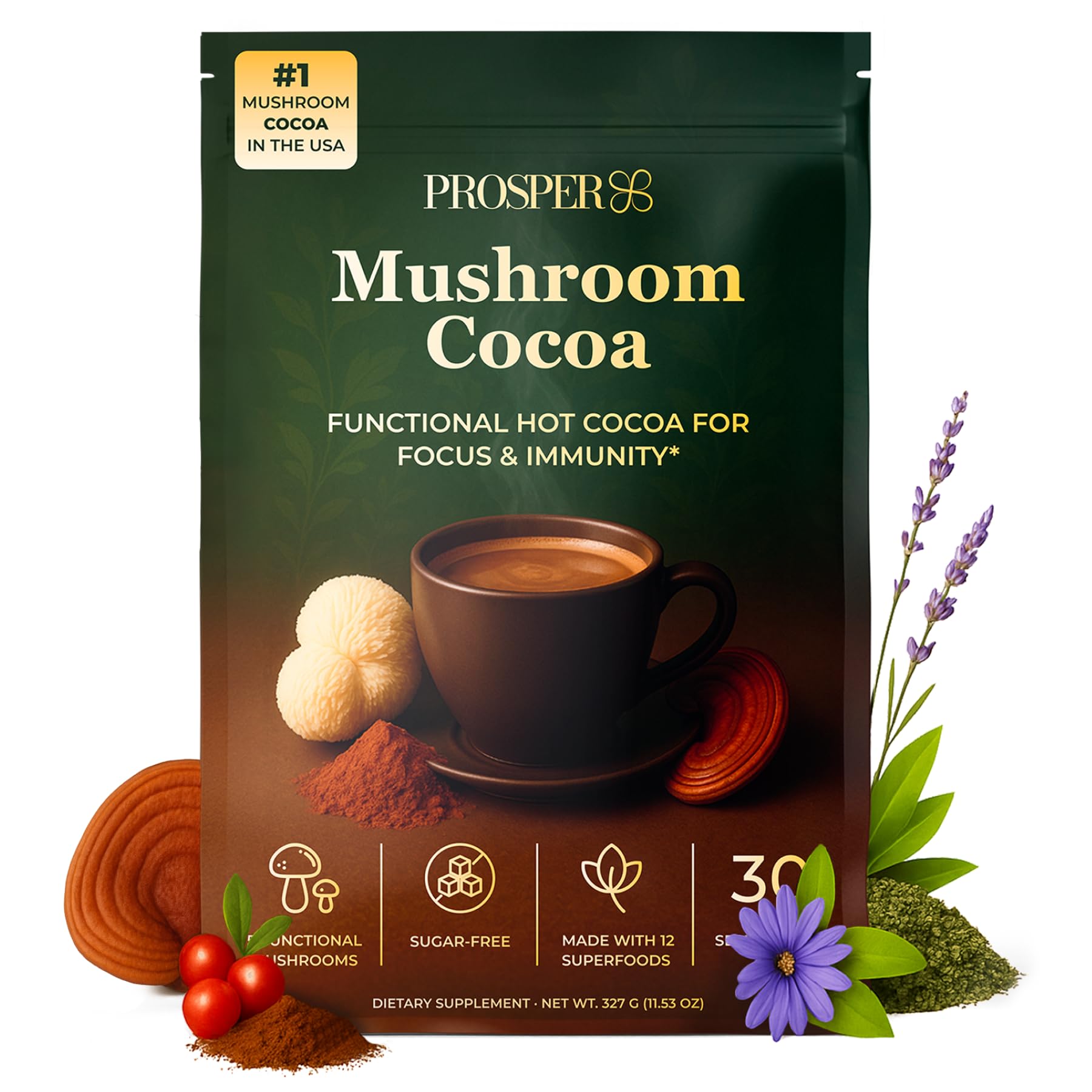 Prosper Mushroom Cocoa cup steaming for a cozy focus-friendly drink