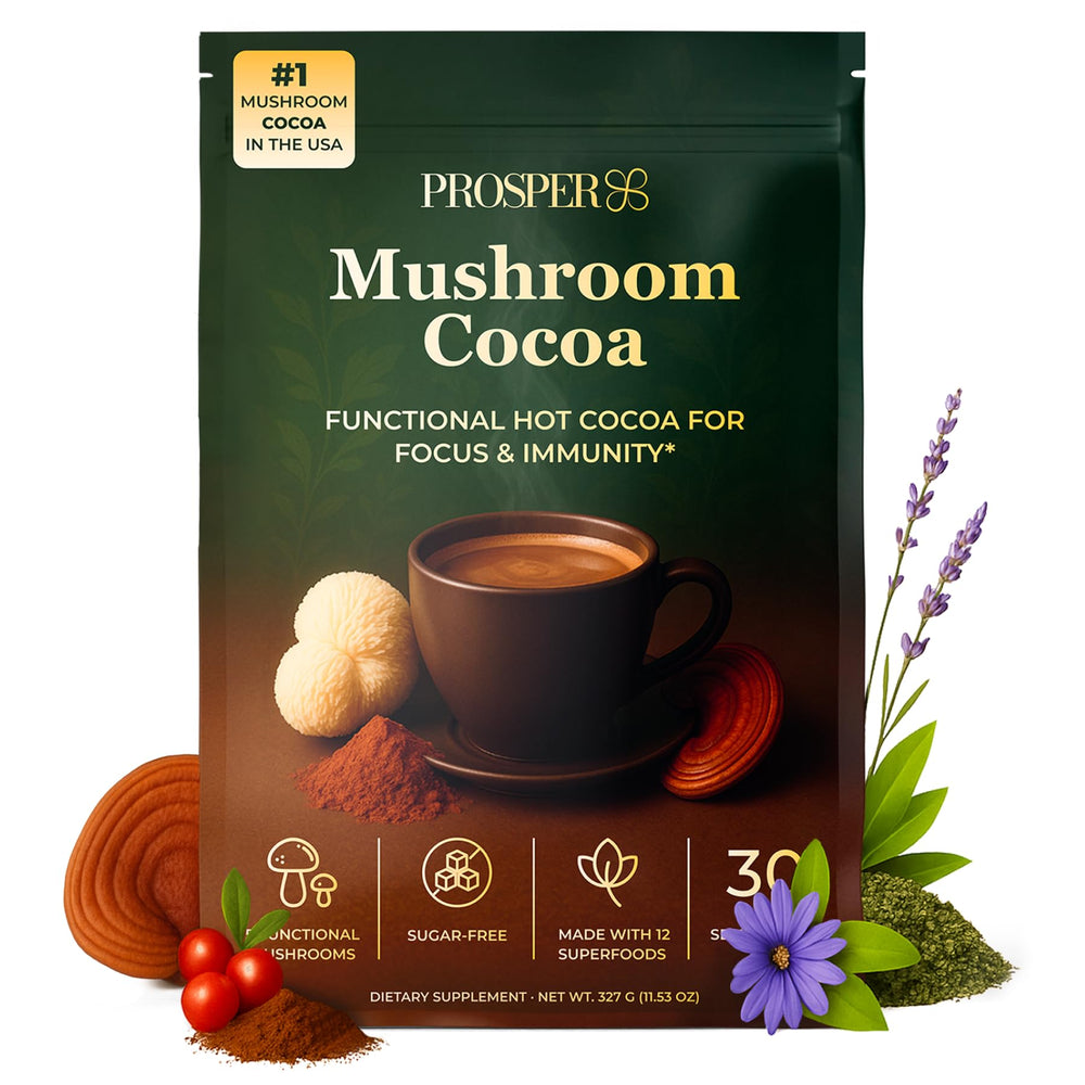 Prosper Mushroom Cocoa cup steaming for a cozy focus-friendly drink