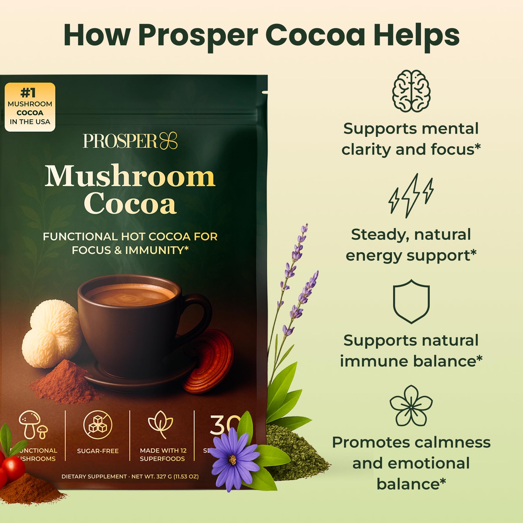 Prosper Mushroom Cocoa mug with steam, illustrating a comforting hot beverage