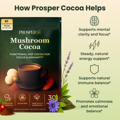 Prosper Mushroom Cocoa mug with steam, illustrating a comforting hot beverage