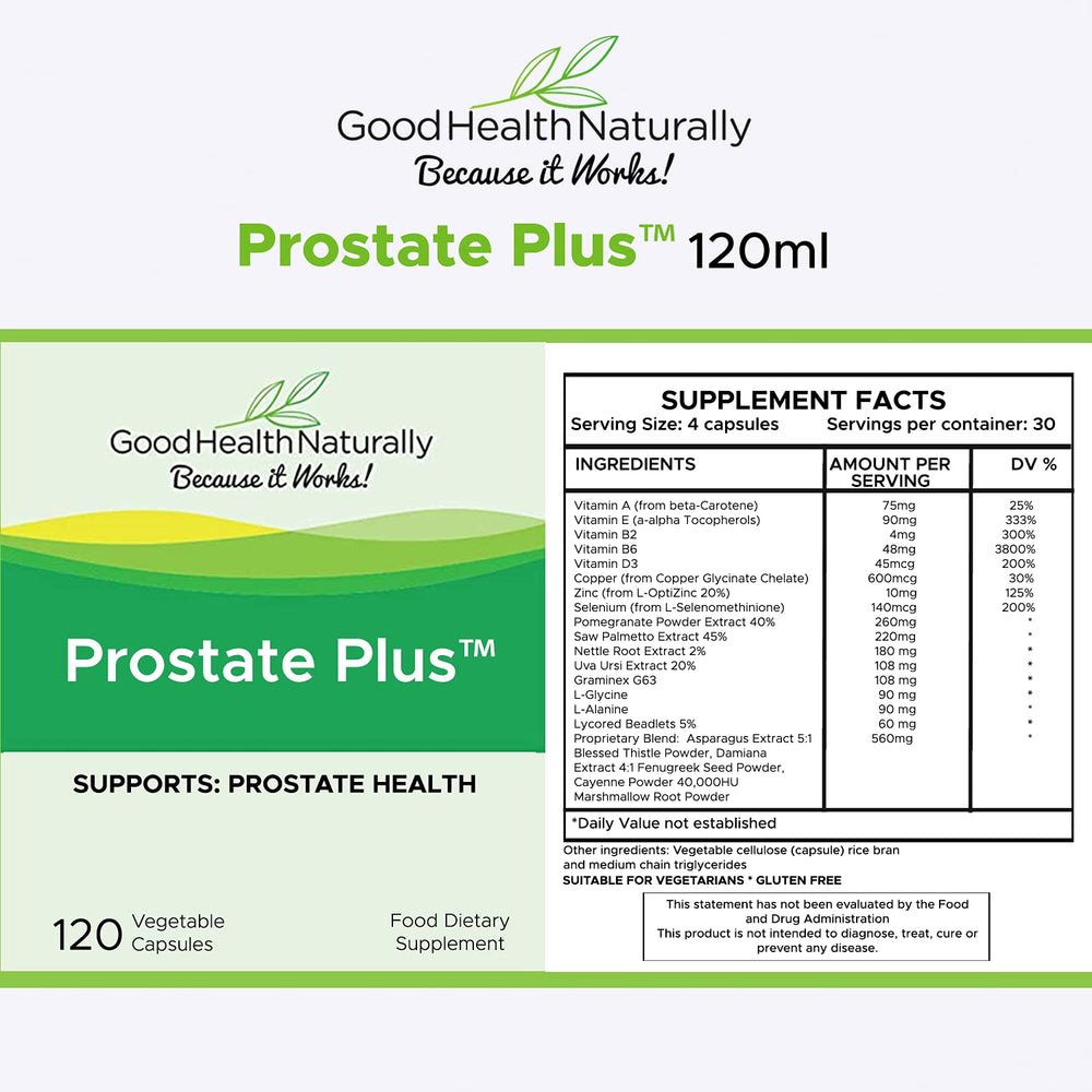 Prostate Plus ingredients label highlighting vegan Vitamin D3 and minerals