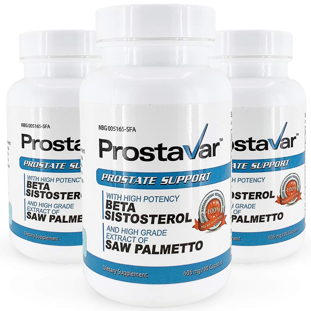 Prostavar bottle front shows Saw Palmetto for daily urinary comfort.