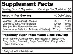 Close-up of Prostavar Ultra capsule ingredients highlighting saw palmetto and grape seed extract for supporting prostate health.