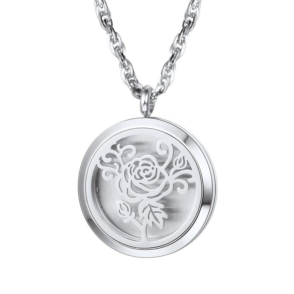 PROSTEEL diffuser necklace pendant with rose design for on-the-go aromatherapy