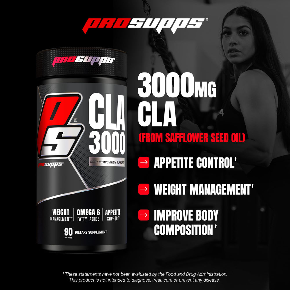 PROSUPPS CLA 3000 softgels close-up shows convenient daily capsules.