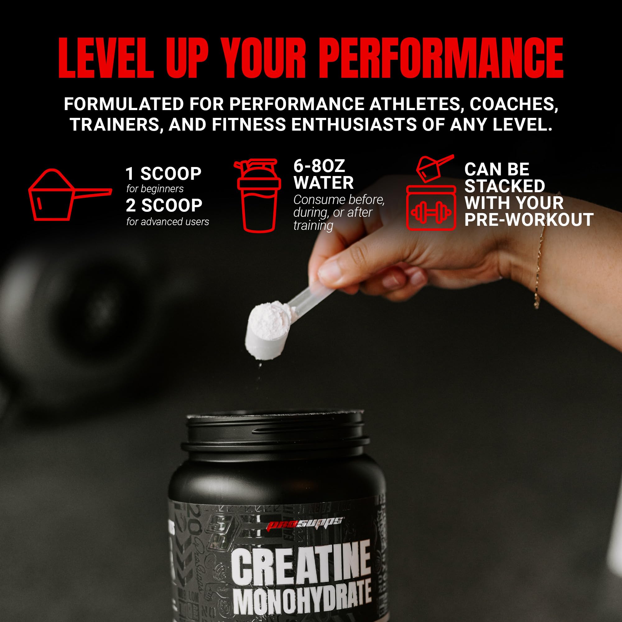 PROSUPPS Creatine Monohydrate powder in gym bag ready for training.