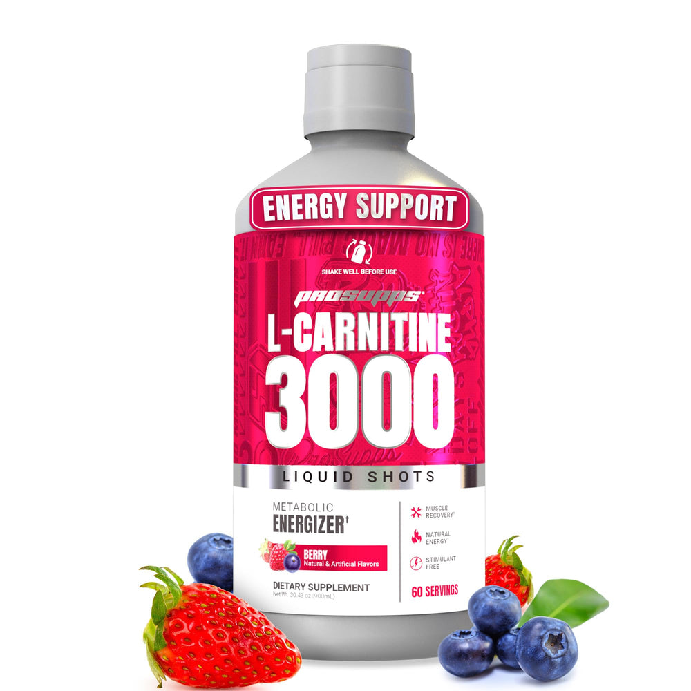 PROSUPPS L-Carnitine 3000 berry bottle promotes steady energy during workouts.