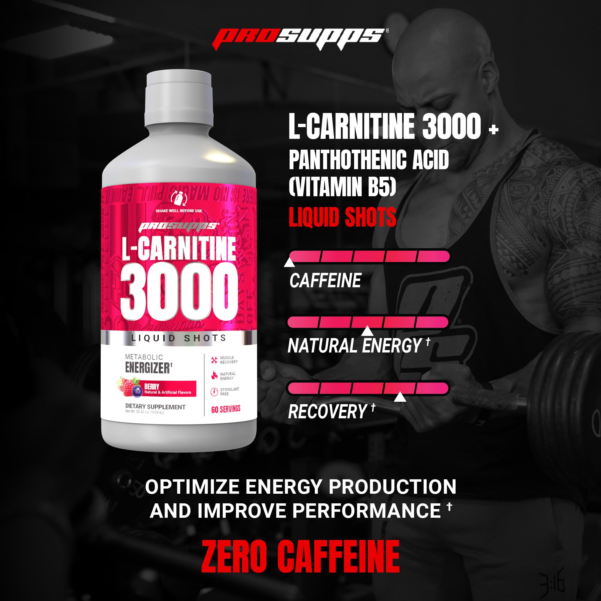 PROSUPPS L-Carnitine 3000 label highlights sugar-free, stimulant-free formula for training days.