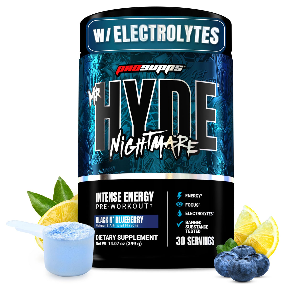 PROSUPPS Mr. Hyde Nightmare tub front view highlighting pre-workout energy