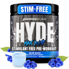 PROSUPPS Mr HYDE Max Pump Blue Razz tub shows a caffeine-free option for intense pumps.