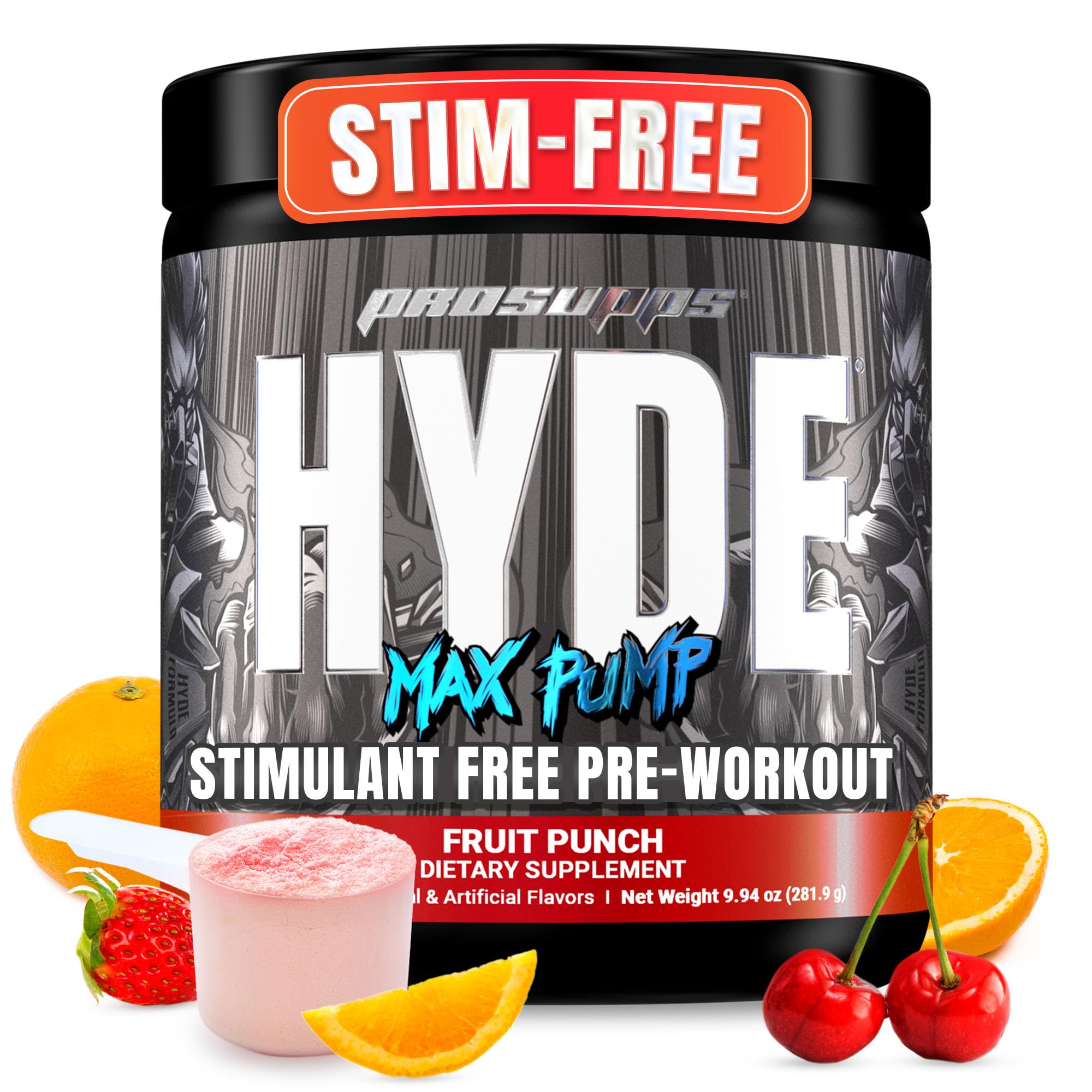 PROSUPPS Mr Hyde Max Pump powder tub shows caffeine-free formula for intense gym pumps.