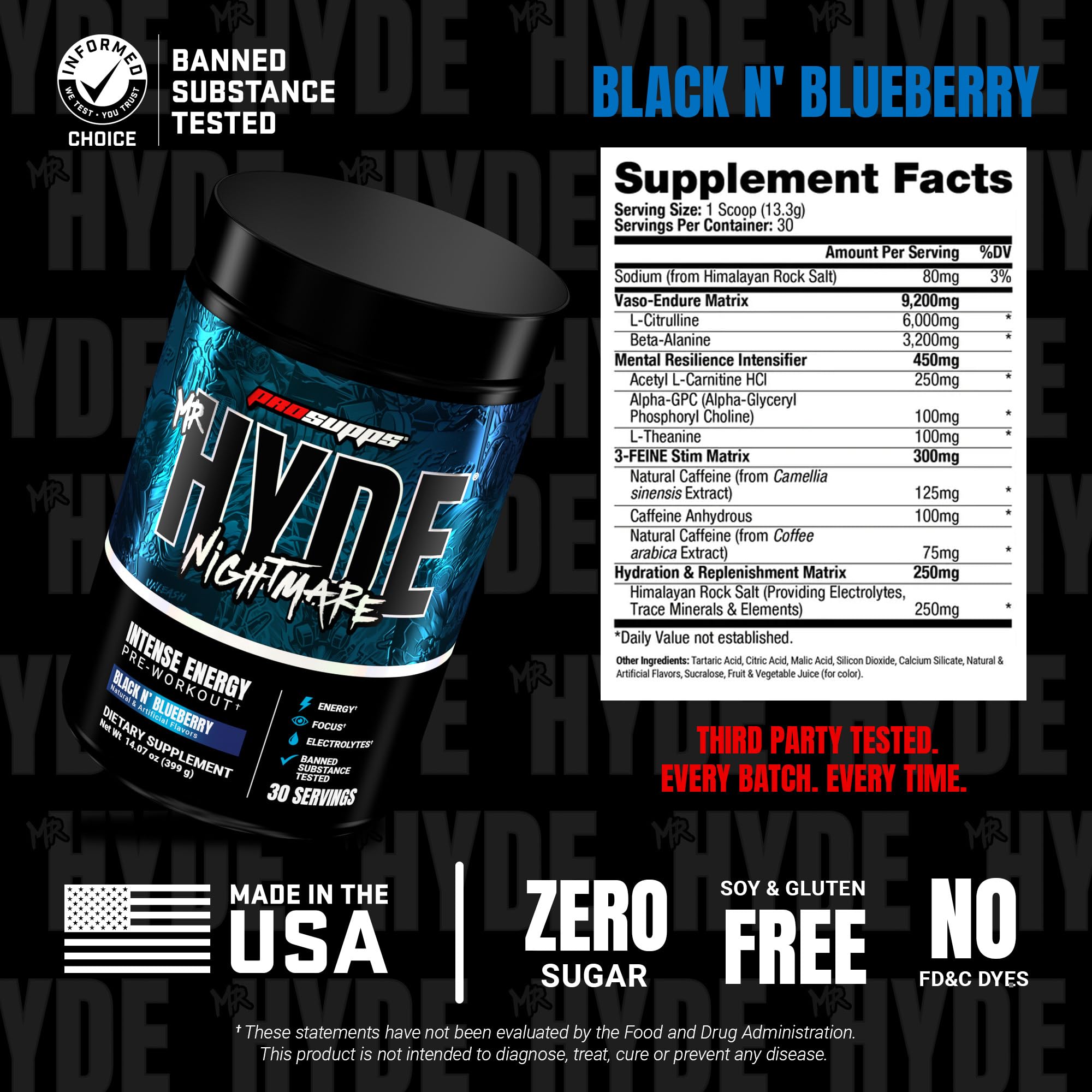 Ingredient panel showing caffeine and beta-alanine blend in Mr. Hyde Nightmare