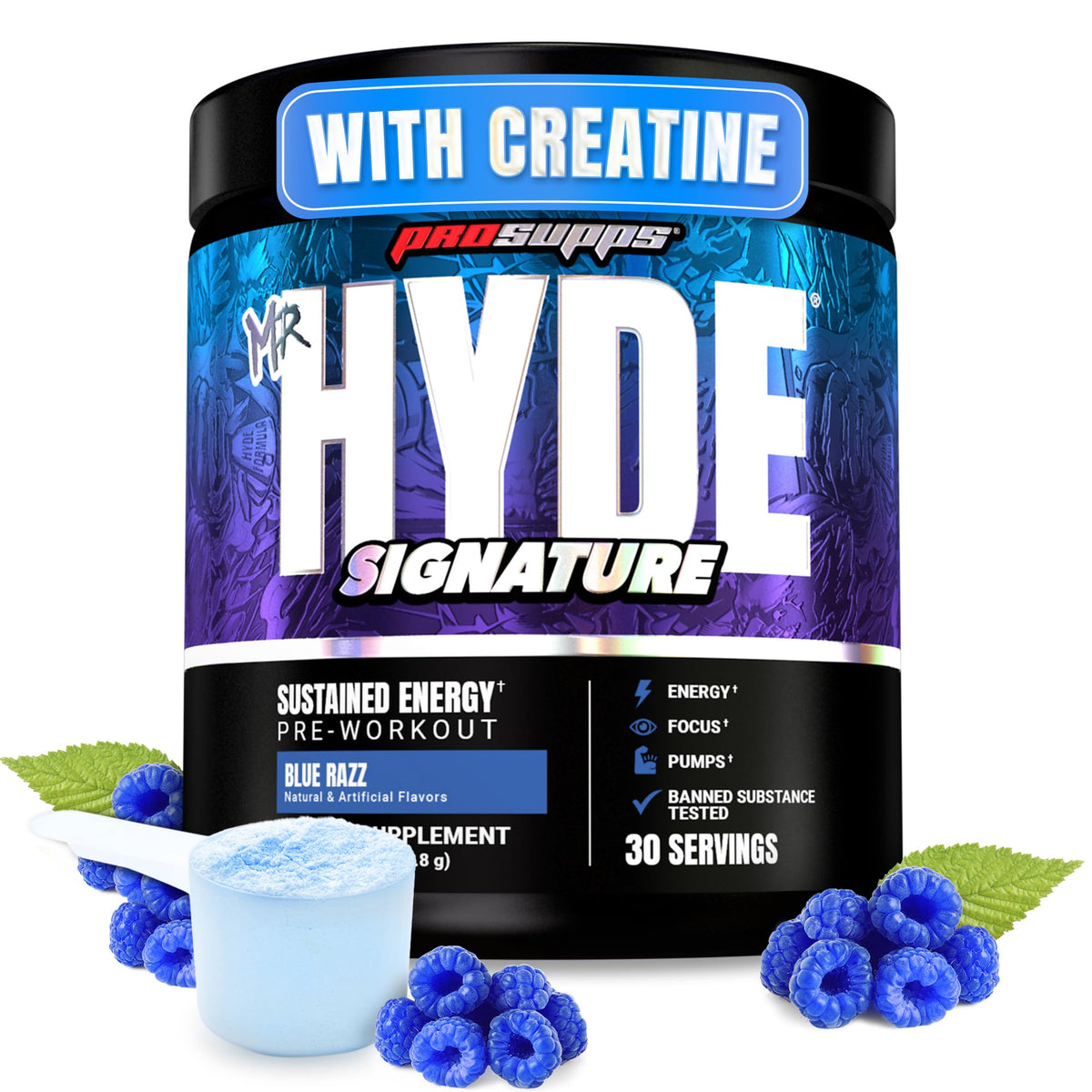 ProSupps Mr. Hyde Signature polvo sabor frambuesa azul para energía durante el entrenamiento