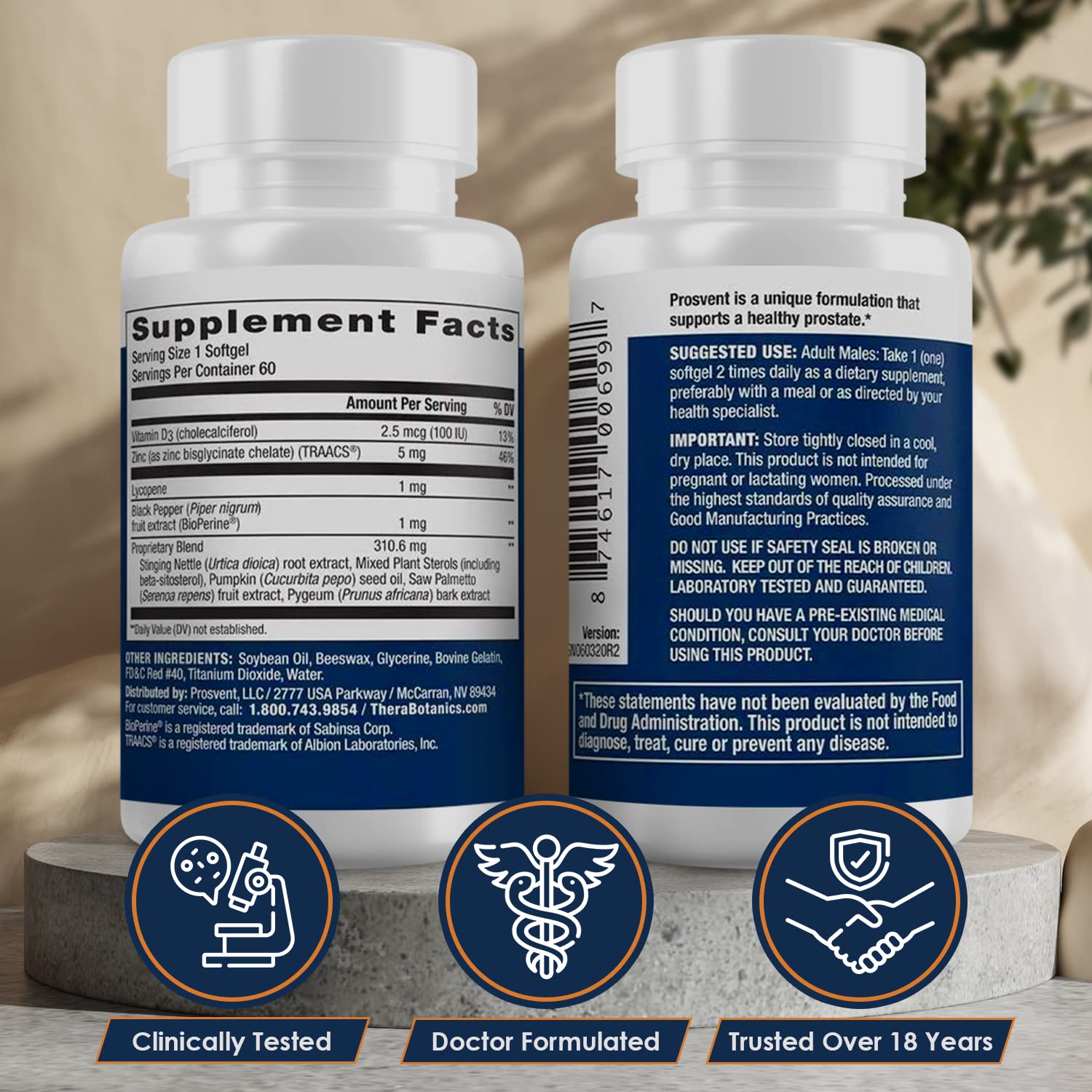 Prosvent Advanced Prostate Support bottle back detailing ingredients and claims.