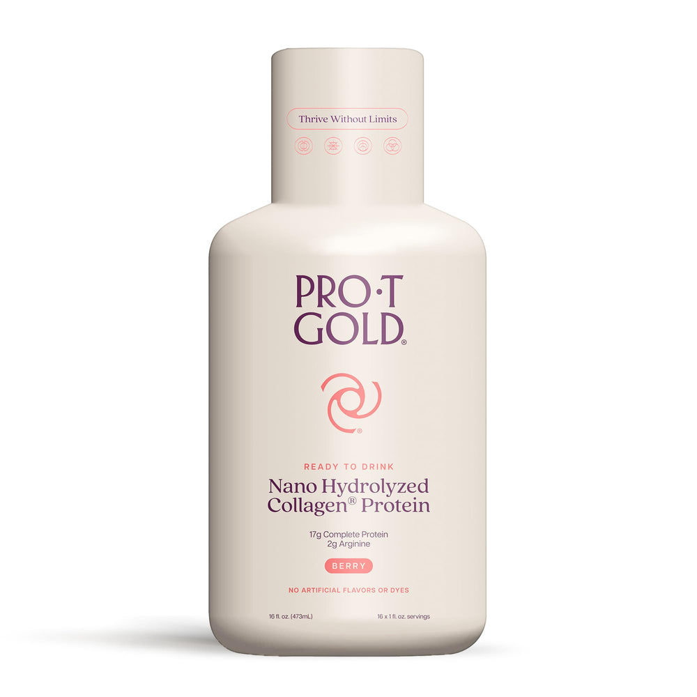 ProT Gold Berry Sugar Free Liquid Protein Shot bottle closeup for quick nourishment.