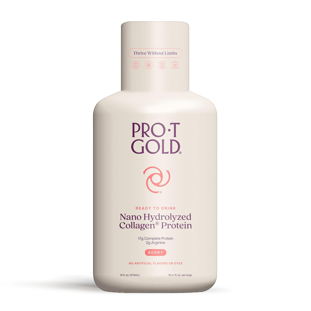 ProT Gold Berry Sugar Free Liquid Protein Shot bottle closeup for quick nourishment.
