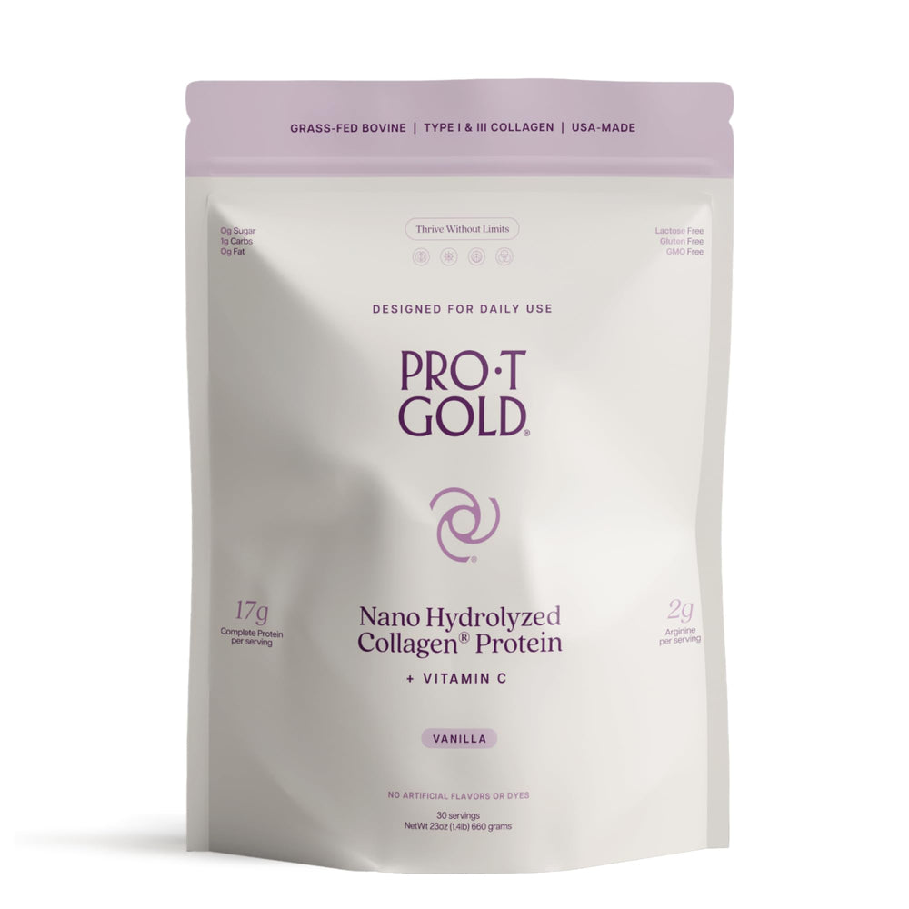 ProT Gold vanilla collagen tub displaying 17g protein per serving