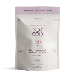 ProT Gold vanilla collagen tub displaying 17g protein per serving