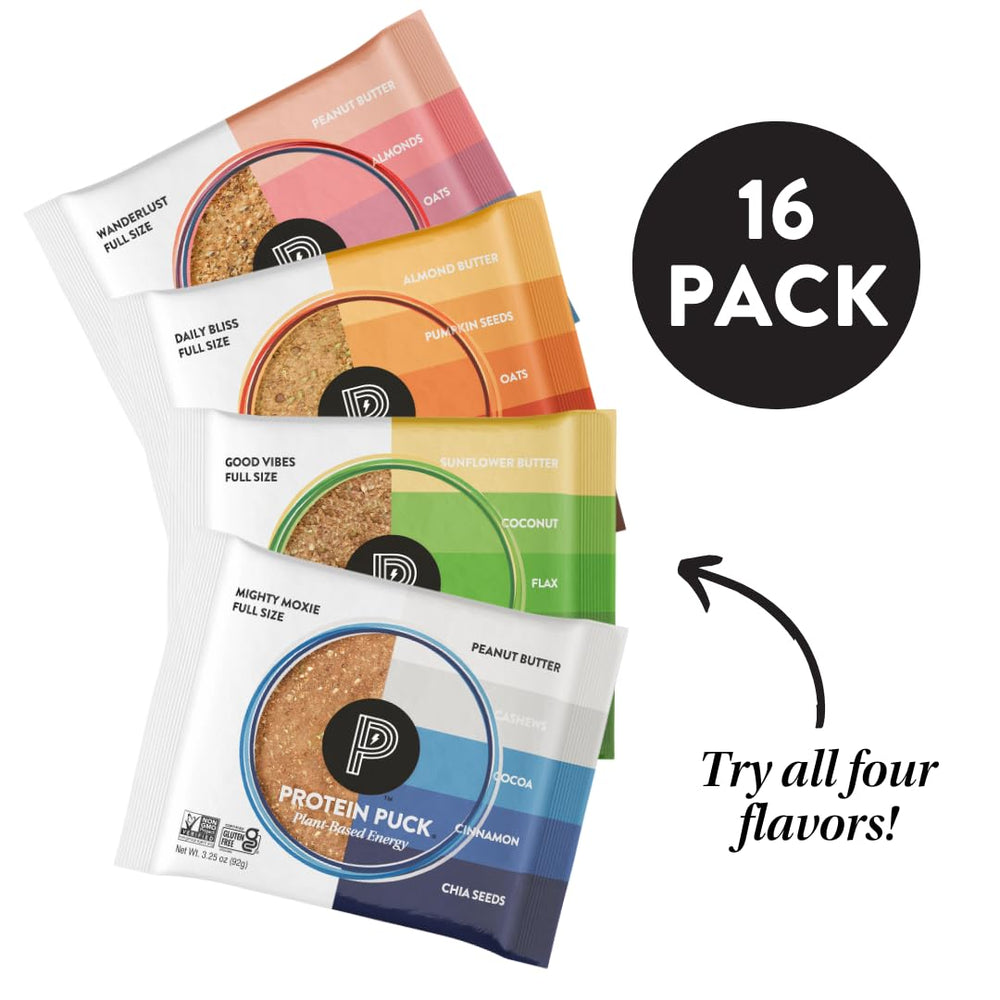 Protein Puck plant based bars show real fruit and nuts for a satisfying bite.