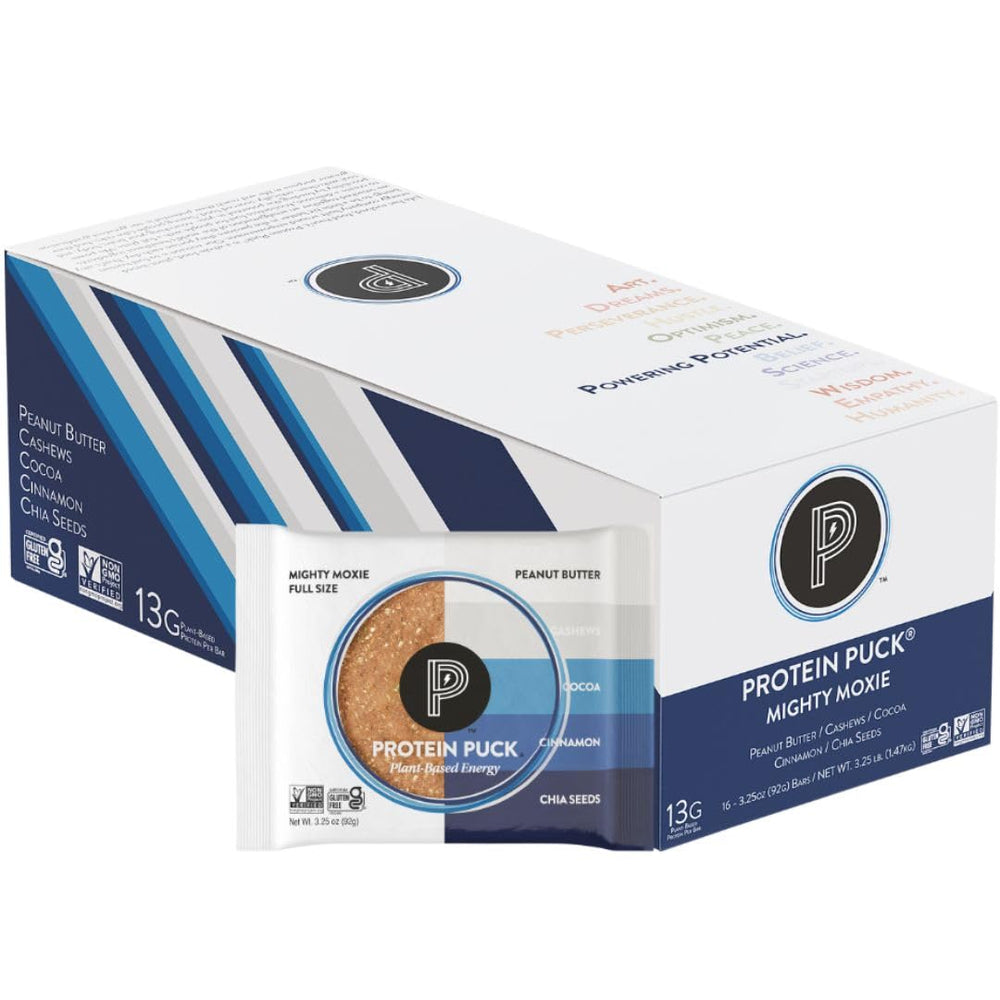 Protein Puck plant-based bars wrapped in a pack for convenient on-the-go energy.