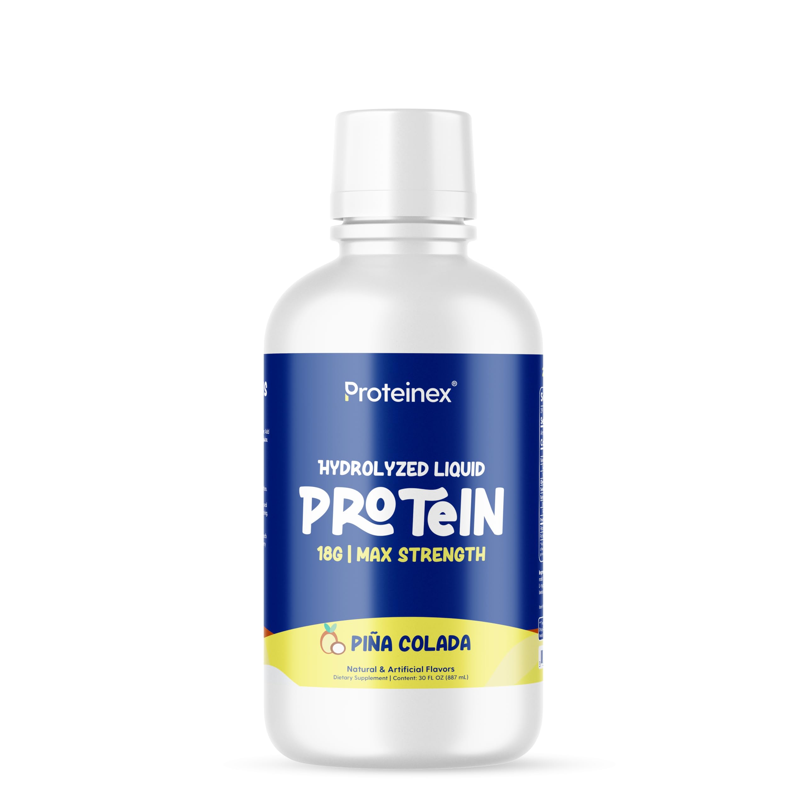 Proteinex liquid hydrolyzed protein bottle shows ready-to-drink convenience