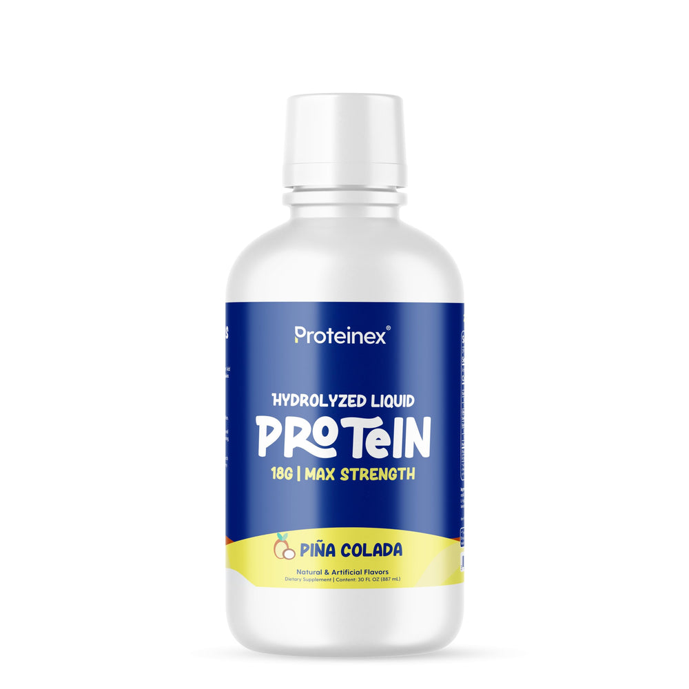 Proteinex liquid hydrolyzed protein bottle shows ready-to-drink convenience