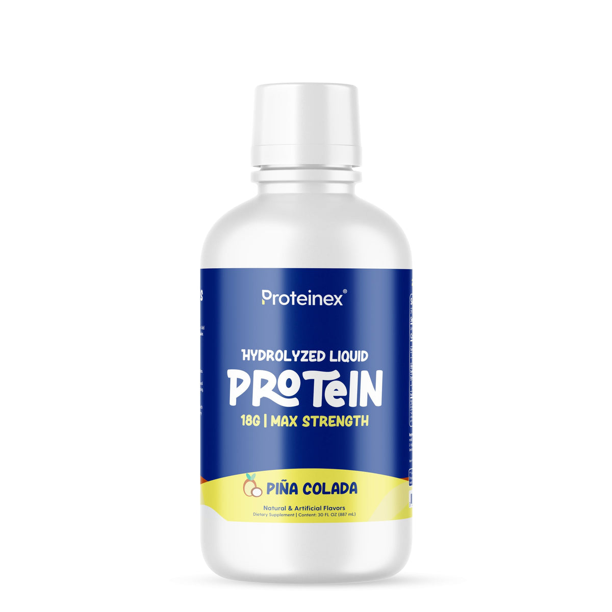Proteinex liquid hydrolyzed protein bottle shows ready-to-drink convenience