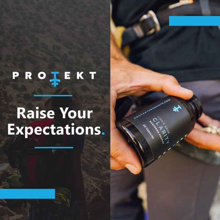 PROTEKT mushroom blend packaging conveys premium daily nootropic use